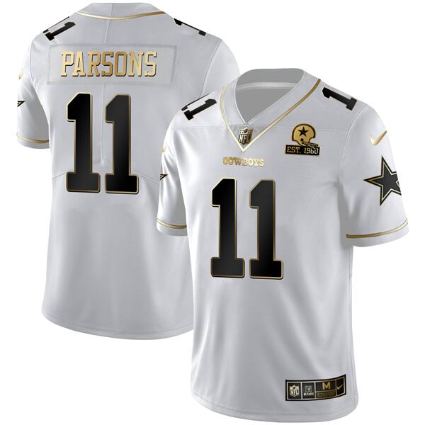 Men's Dallas Cowboys #11 Micah Parsons White Golden Edition With 1960 Patch Limited Stitched Jersey Men's Dallas Cowboys #11 Micah Parsons White Golden Edition With 1960 Patch Limited Stitched Jersey